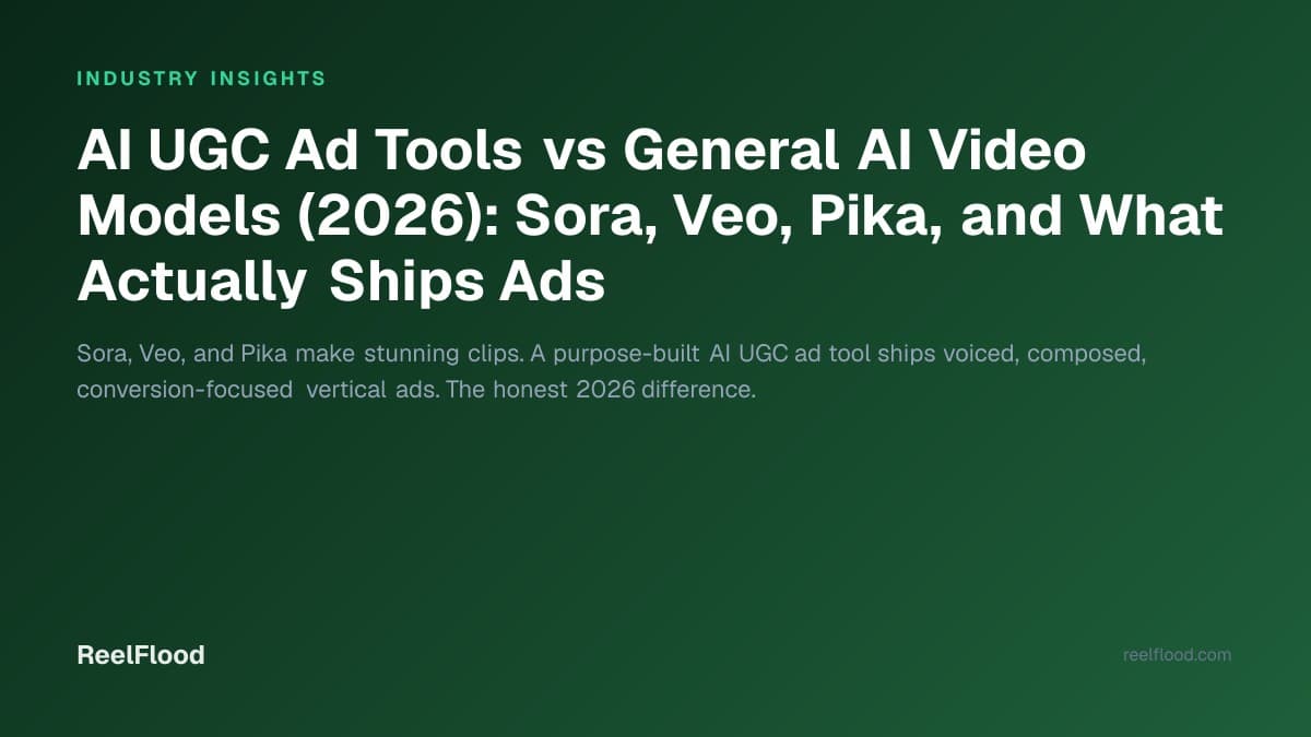 Purpose-built AI UGC ad tool compared with general text-to-video models Sora, Veo, and Pika