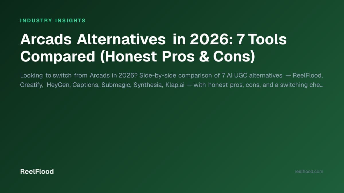 Comparison grid of seven AI UGC tools as Arcads alternatives in 2026