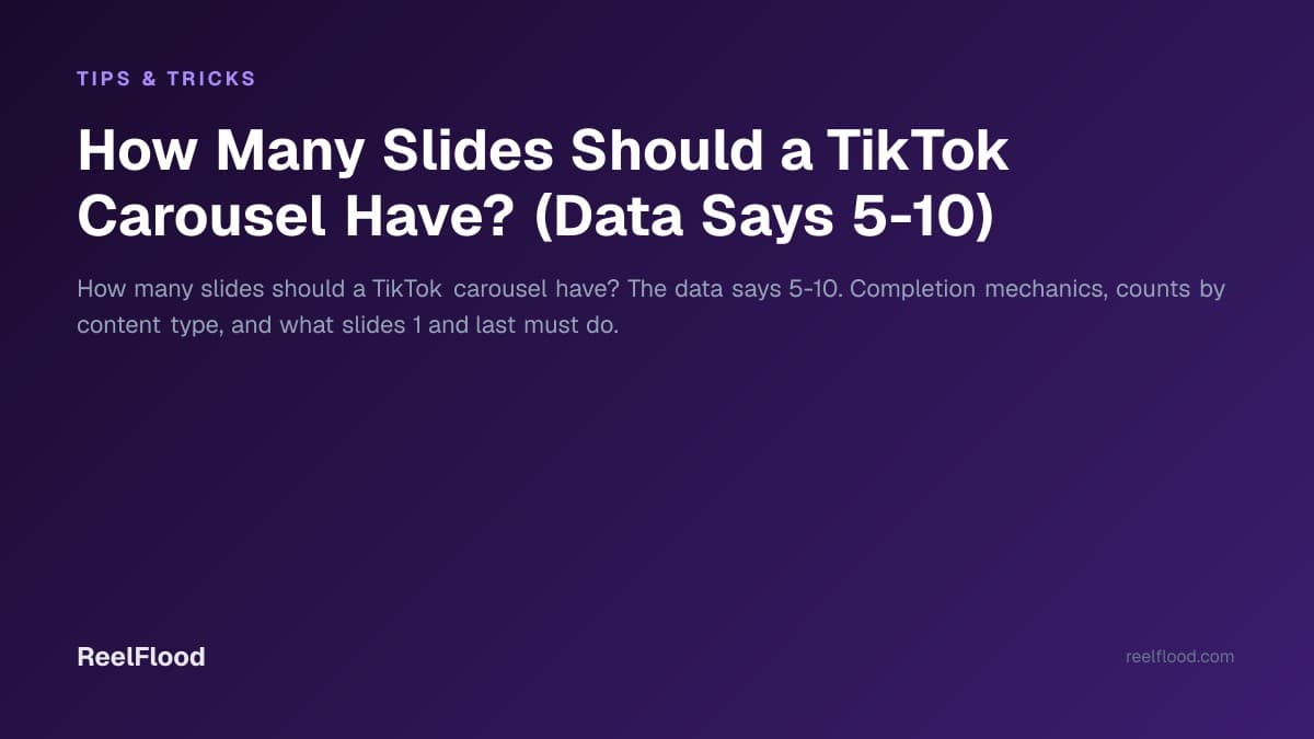 Diagram of a TikTok carousel showing seven slides with a hook slide first and a CTA slide last