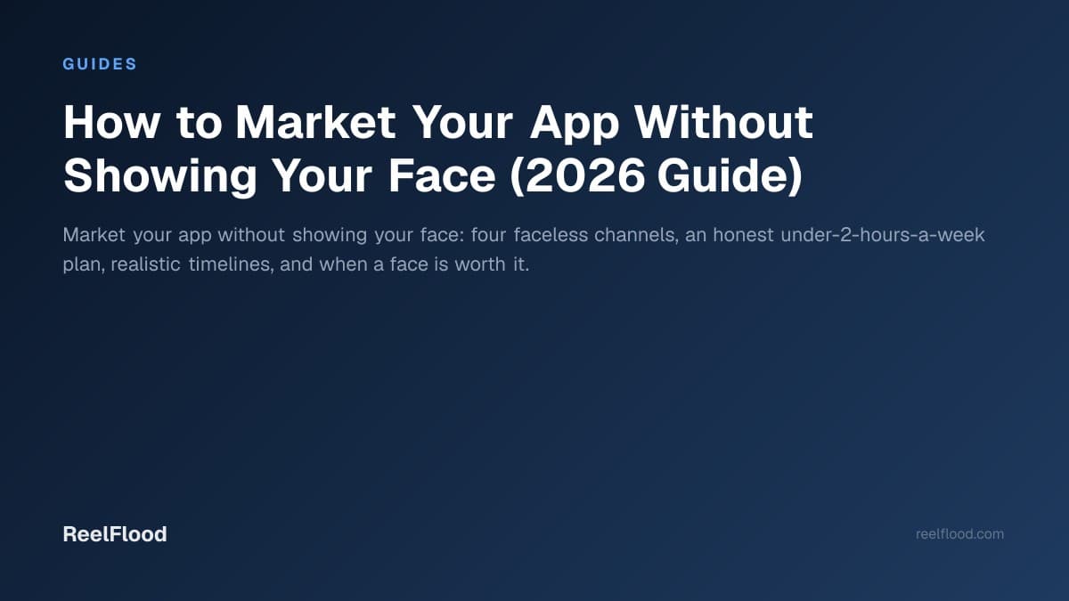 A founder marketing an app from a laptop with faceless content formats on screen, no camera in sight